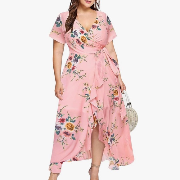 🔥 5 for $25 | Asymmetric Pink Floral Wrap Dress | Size 1X (Runs Small) - Picture 8 of 11